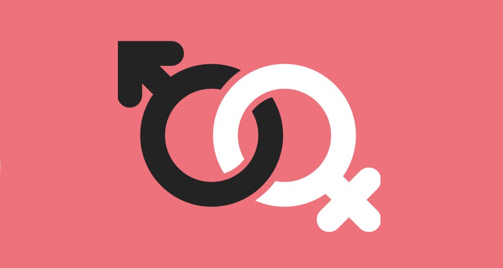 The male and the female gender symbol intertwine. The male is in black, the female in white. They are set against a pink backdrop.